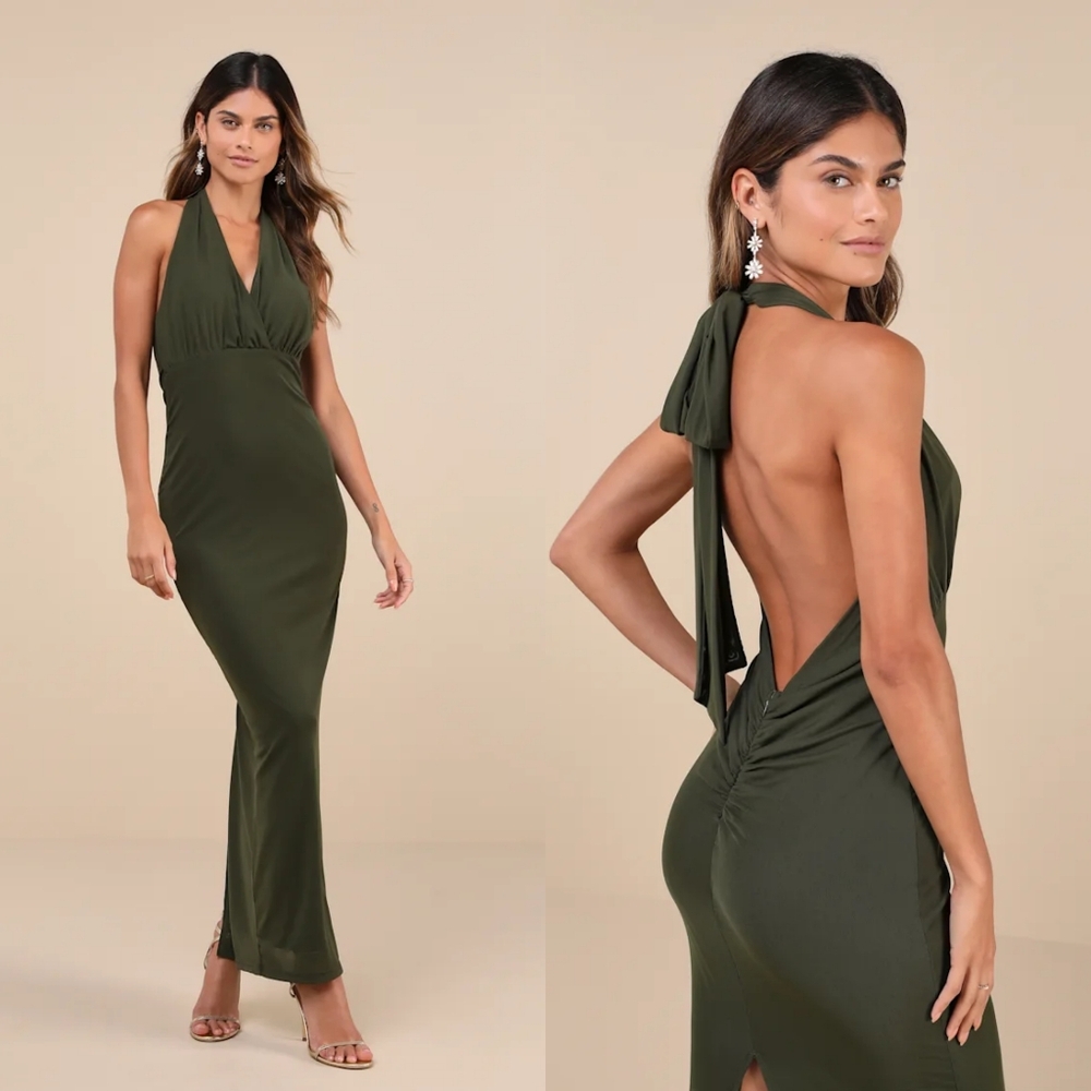 Lulu's Celebratory Love Olive Green Mesh Ruched Halter Maxi Dress NWT